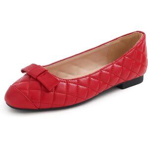 Feversole Women's Red Quilted Toe Cap Synthetic Square Toe Slip On Ballet Flats